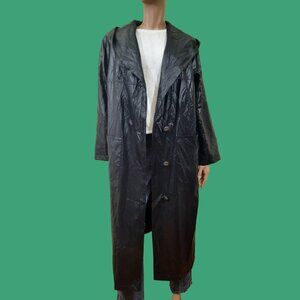 Vntage 90s Shiny Black Duster Jacket Long Full Length Coat Crinkled Hooded Sz L